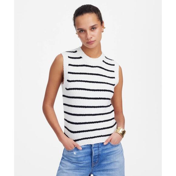 Madewell Bouclé-Knit Sweater Tank WMNS XS Cream Black Stripe Crewneck Pullover - Picture 1 of 8